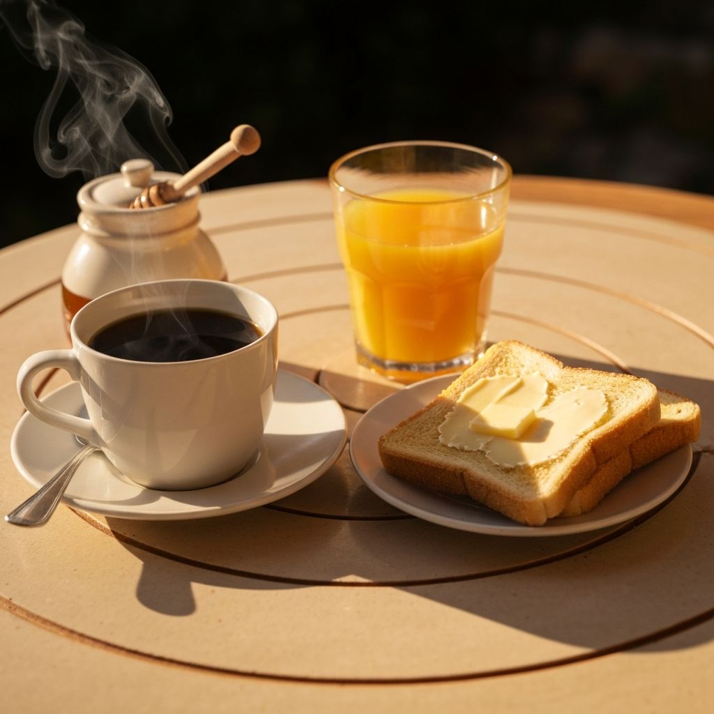 Hrapava jutarnja svjetlost nad stolom s kavom, citruson i hljebom