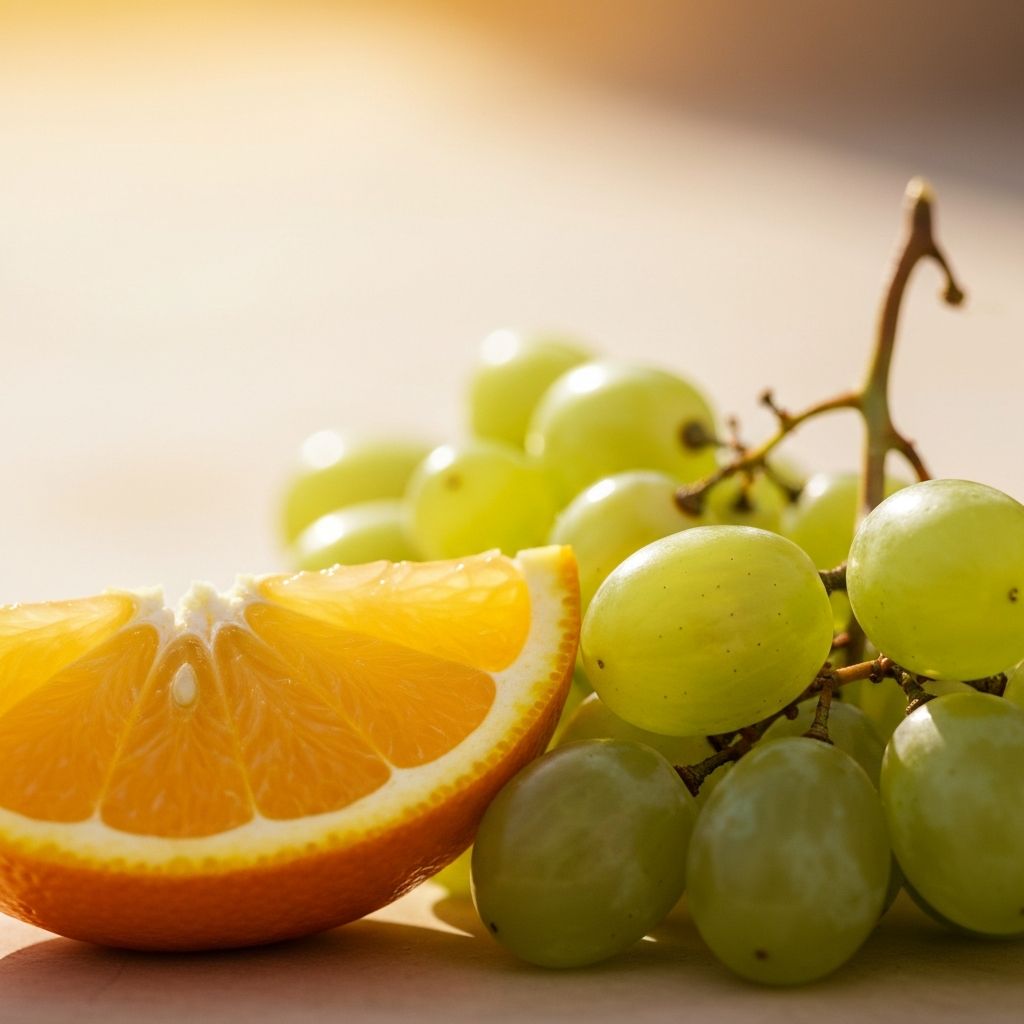 Blizu plana kriške citrusa i grožđa u mekim sunčevim svjetlosnim