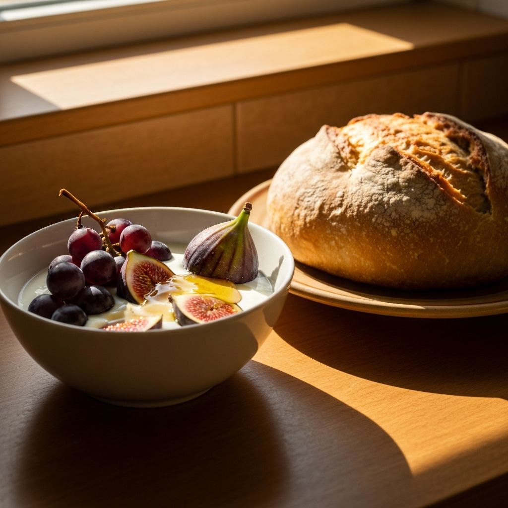 Jutarnji tanjur s jogurtom, smokvicama, grožđem i medom na suncu