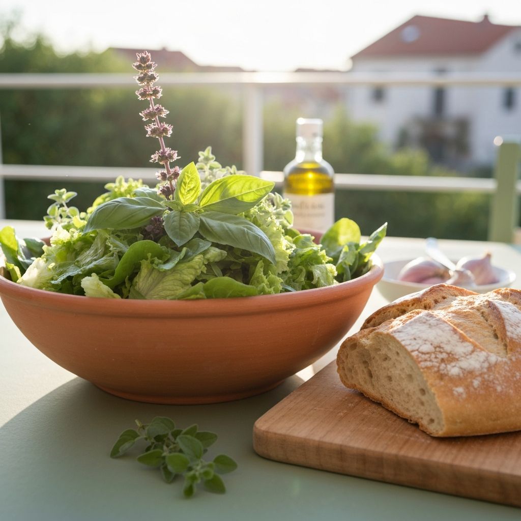 Zelena salata s biljem, maslinskim uljem i hljebom na dnevnoj svjetlosti